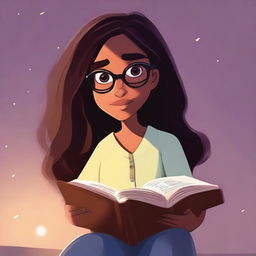 A Pixar-style illustration of a dusky-skinned girl with long hair and eyeglasses, deeply engaged in reading a Bible.