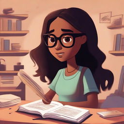 A Pixar-style illustration of a dusky-skinned girl with long hair and eyeglasses, deeply engaged in reading a Bible.