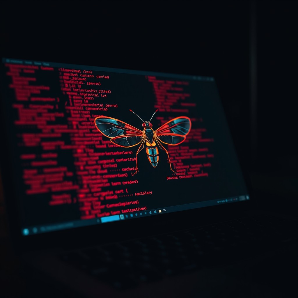 A macro close-up of a laptop screen in a dark room displaying a terminal window