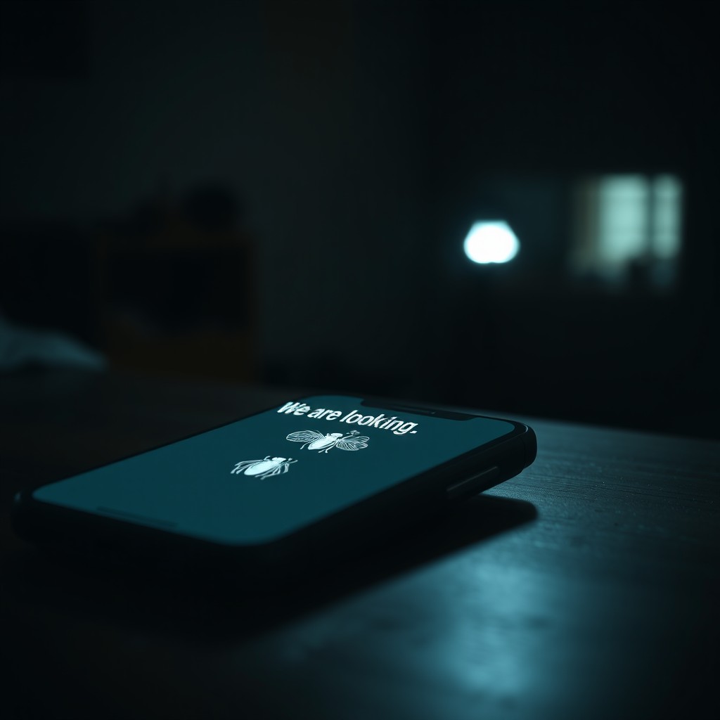 A close-up shot of a smartphone lying on a wooden table in a dimly lit room