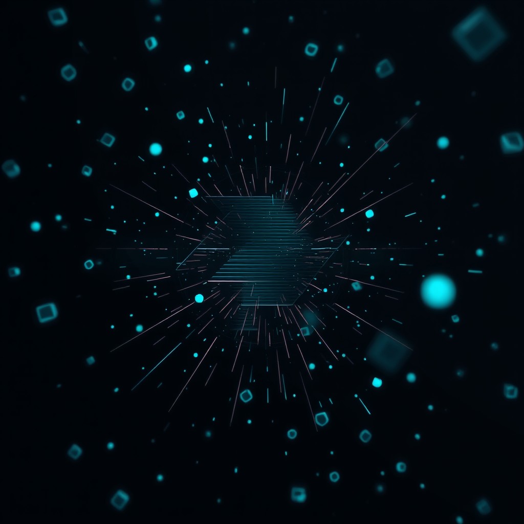 A dark digital void background filled with abstract cyan geometric particles gently floating in slow motion, complemented by a heavy digital glitch and static noise effect tearing through the center of the screen