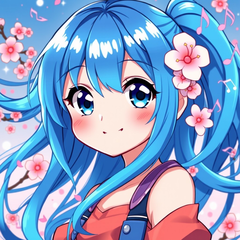 A vibrant digital artwork of a blue-haired anime girl, featuring large expressive eyes and a stylish outfit