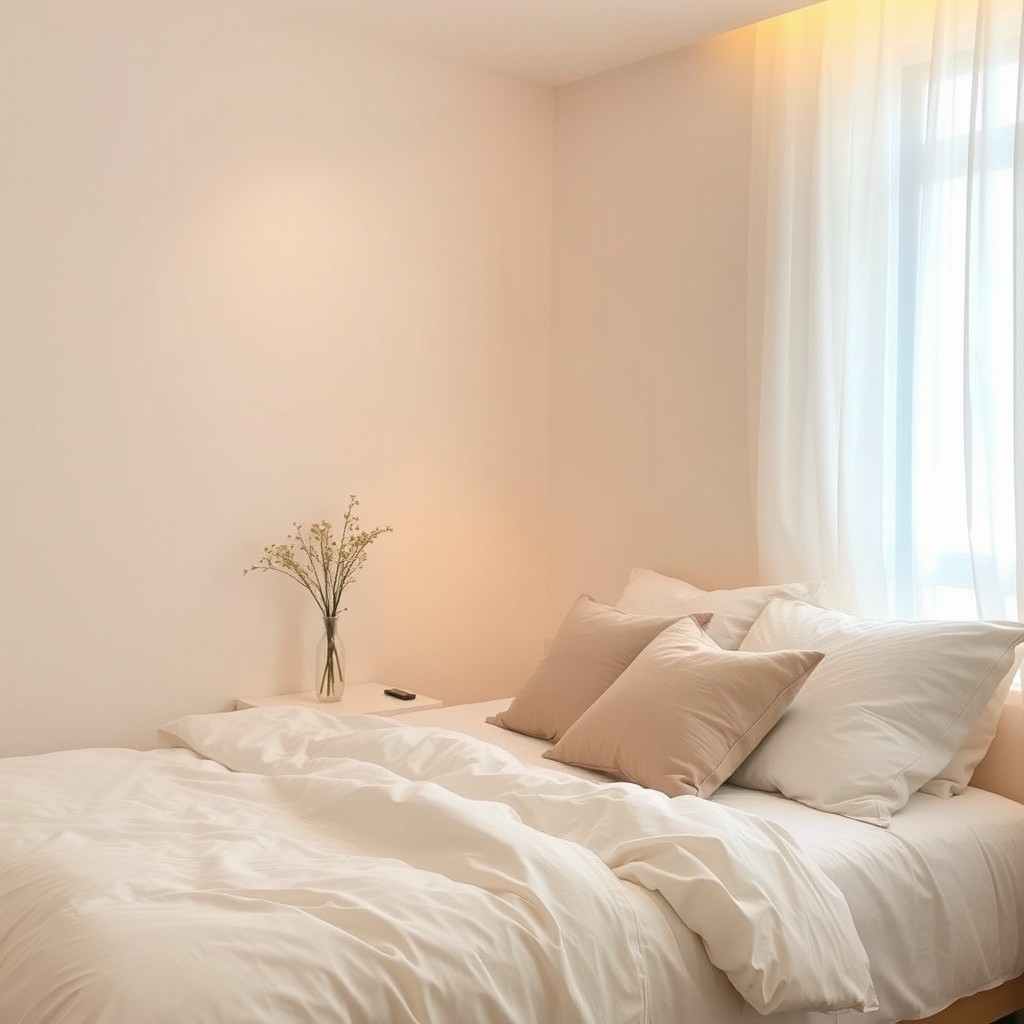 A serene bedroom illuminated by soft, warm light, featuring gentle pastel colors and minimalistic decor