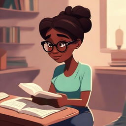 A Pixar-style illustration of a dusky-skinned girl with eyeglasses and her hair in a bun, engrossed in reading a Bible.