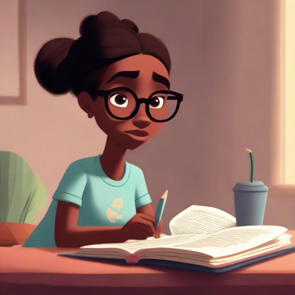 A Pixar-style illustration of a dusky-skinned girl with eyeglasses and her hair in a bun, engrossed in reading a Bible.