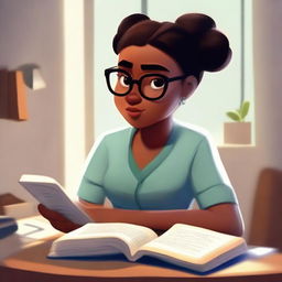 A Pixar-style illustration of a dusky-skinned girl with eyeglasses and her hair in a bun, engrossed in reading a Bible.