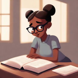 A Pixar-style illustration of a dusky-skinned girl with eyeglasses and her hair in a bun, engrossed in reading a Bible.