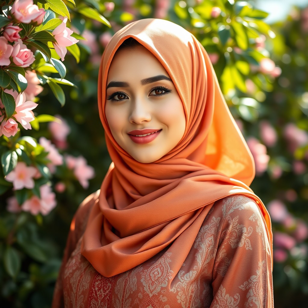 A beautiful woman wearing a hijab, elegantly styled in warm colors with intricate patterns