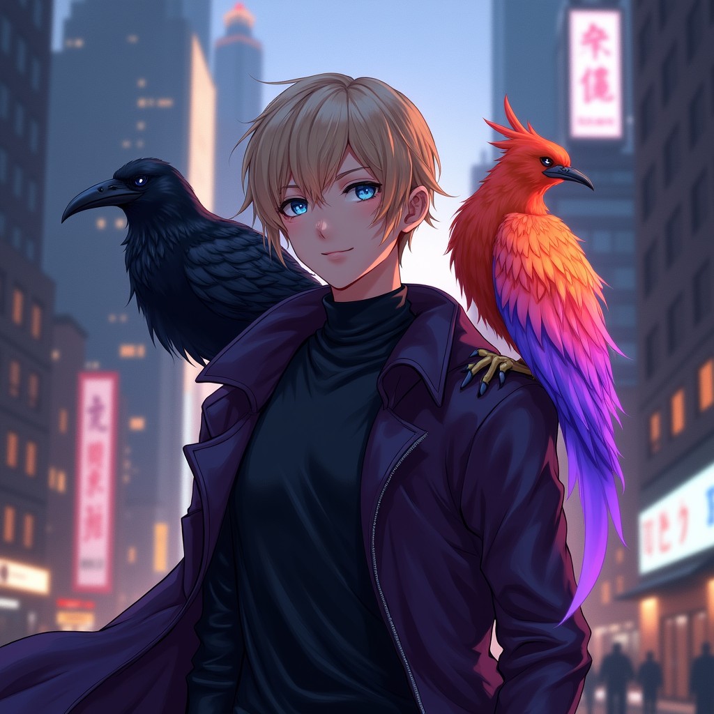 A unique character with short dirty blonde hair and striking blue eyes, wearing a fitted black shirt paired with a dark purple jacket that features the hood partially over his head