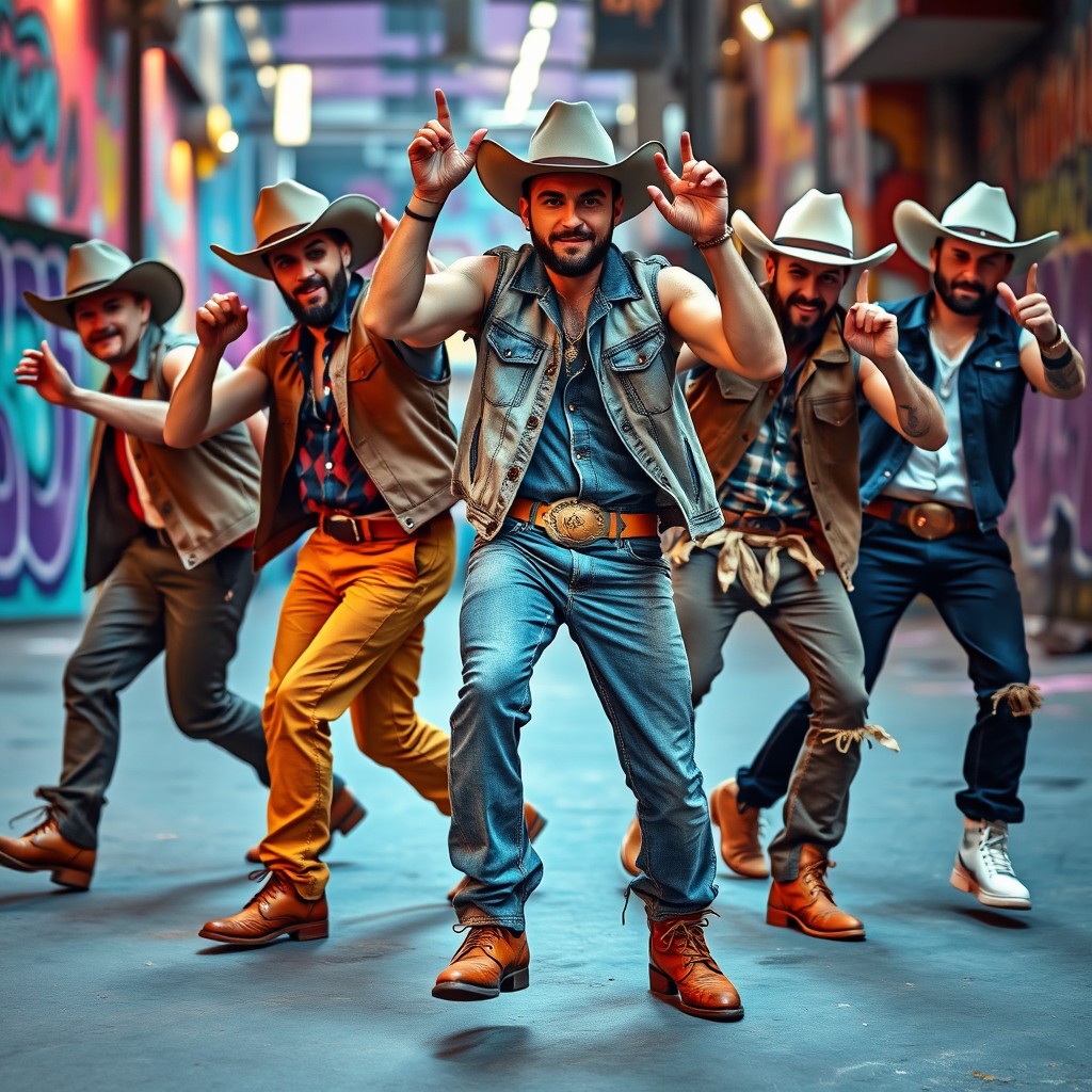 Five dynamic white male hip hop dancers performing energetic moves, all dressed in stylish cowboy costumes