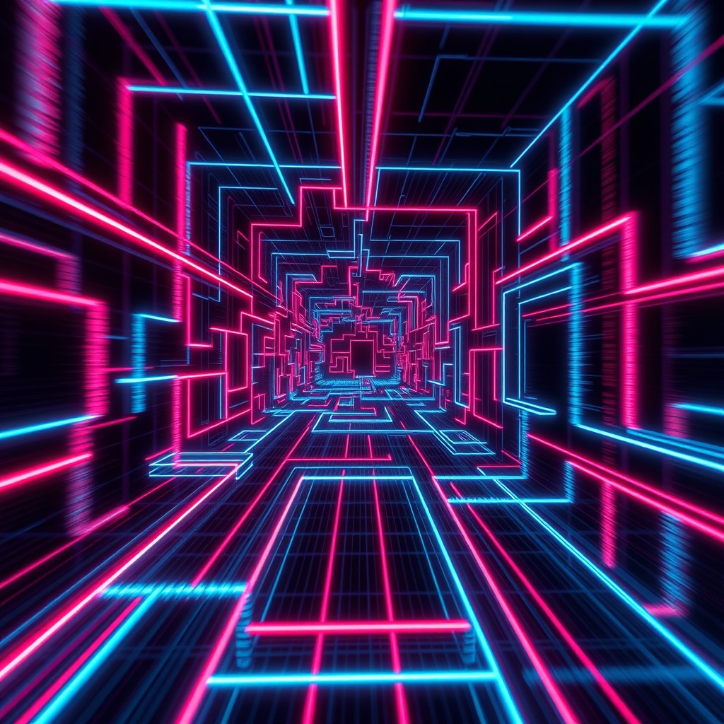 A fast cinematic zoom through an intricate, dark, surreal 3D digital wireframe maze