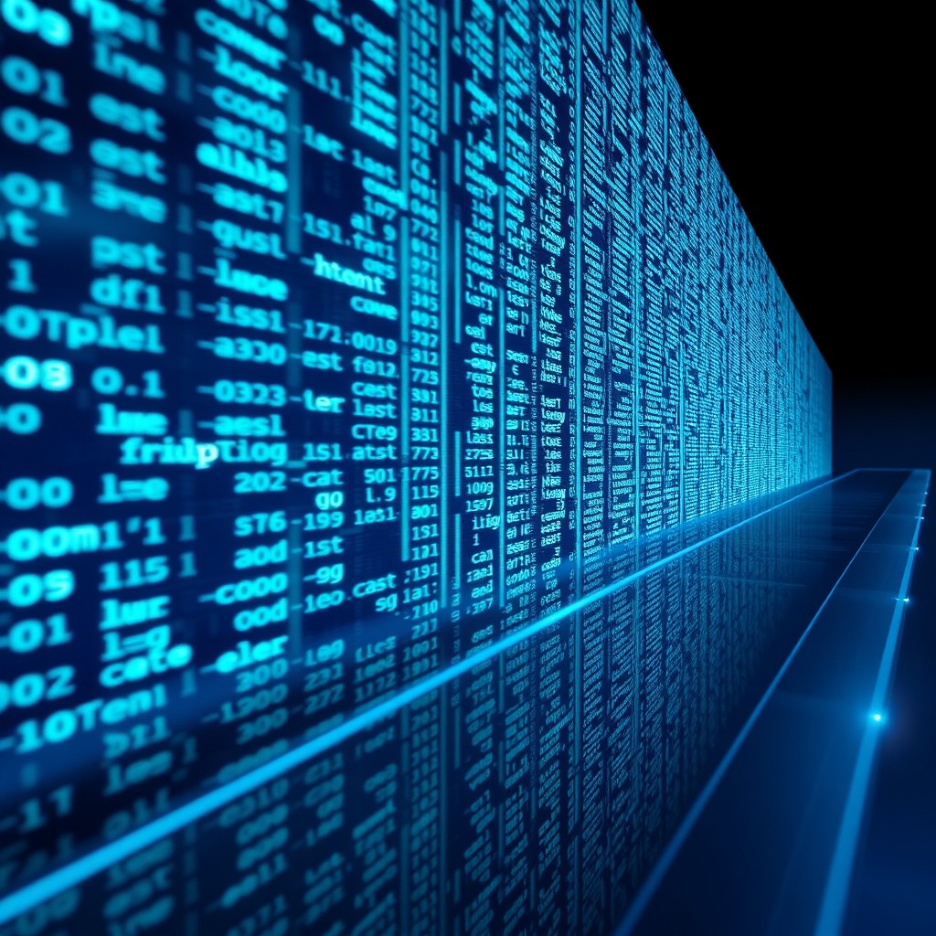 An extreme close-up of computer code scrolling down a screen at hyper-speed, with the characters glowing and filled with intricate digital patterns