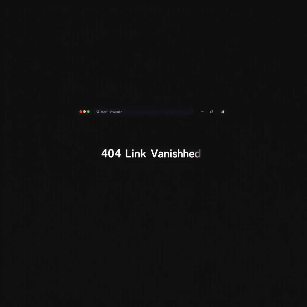 A stark web browser window on a dark screen displaying a '404 Link Vanished' error message in bold white text, with a minimalist design, surrounded by a very dark background