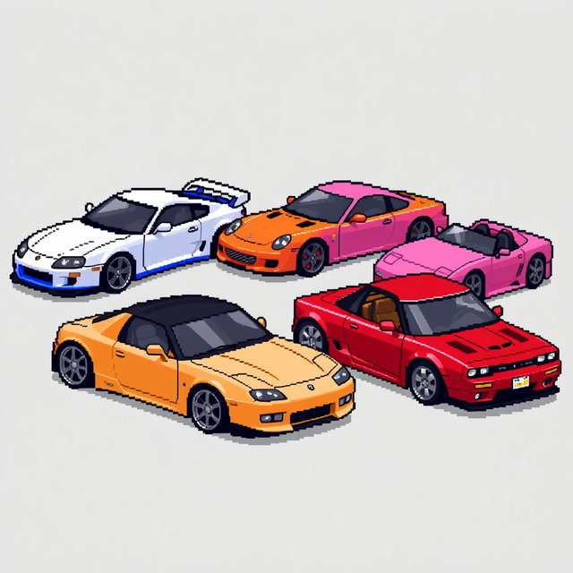 A pixel art scene featuring a white Toyota Supra MK4, a blue Nissan R34, an orange Mazda RX7, a pink Honda S2000, a red Miata, and a black Dodge Challenger