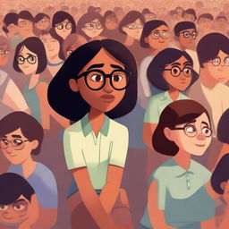 A Pixar-style illustration depicting a dusky-skinned girl with eyeglasses sitting alone amid a bustling crowd.