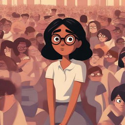 A Pixar-style illustration depicting a dusky-skinned girl with eyeglasses sitting alone amid a bustling crowd.