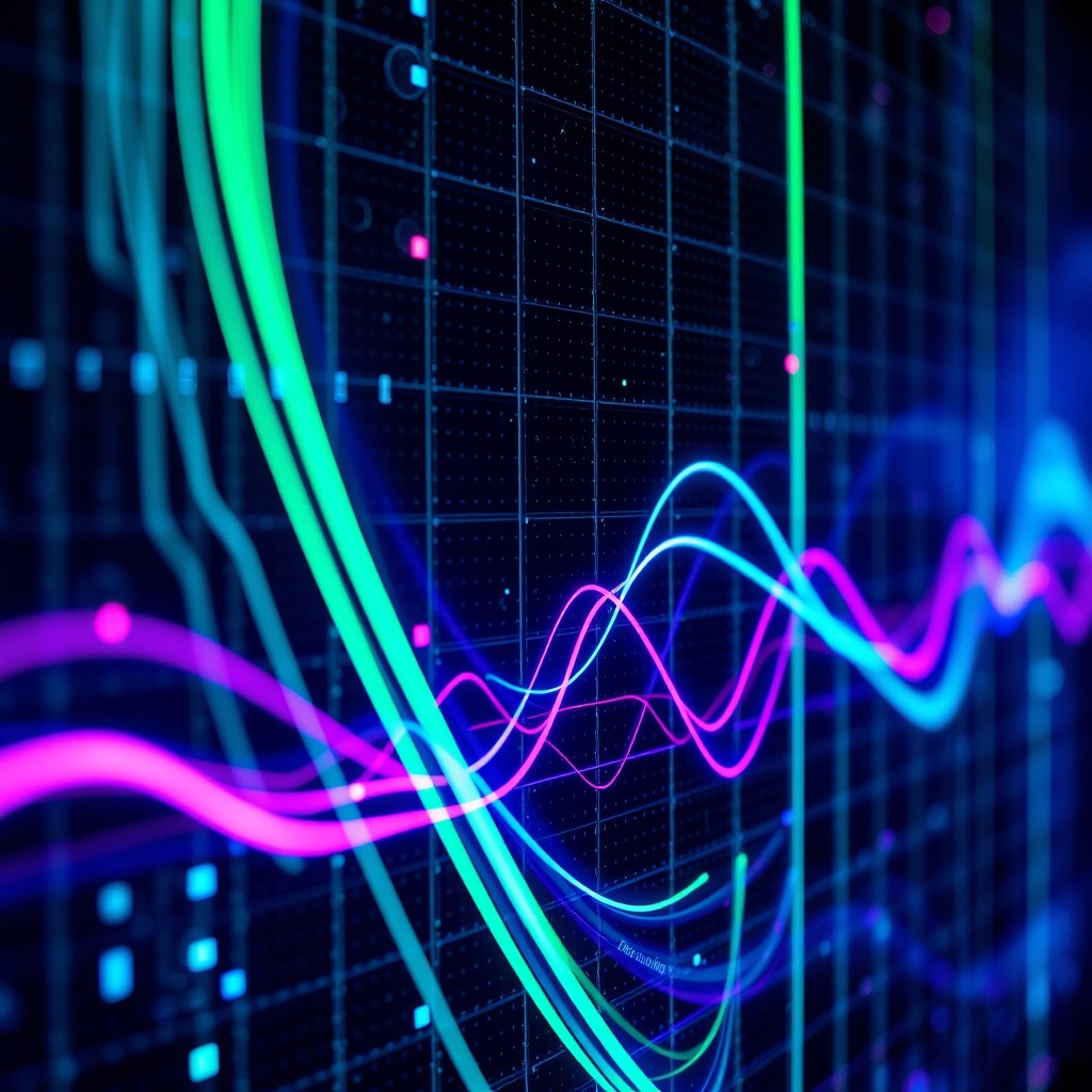 A macro shot capturing glowing digital frequencies and radio waves seamlessly transmitting through a dark grid monitor, showcasing a dynamic cyber sci-fi aesthetic