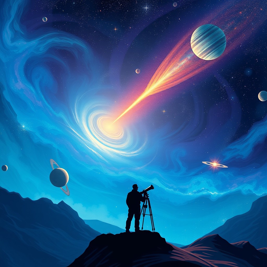 In a cosmic scene depicting the vastness of space, illustrate an ethereal representation of the mysterious, high-frequency radio signal detected by astronomers in 2012