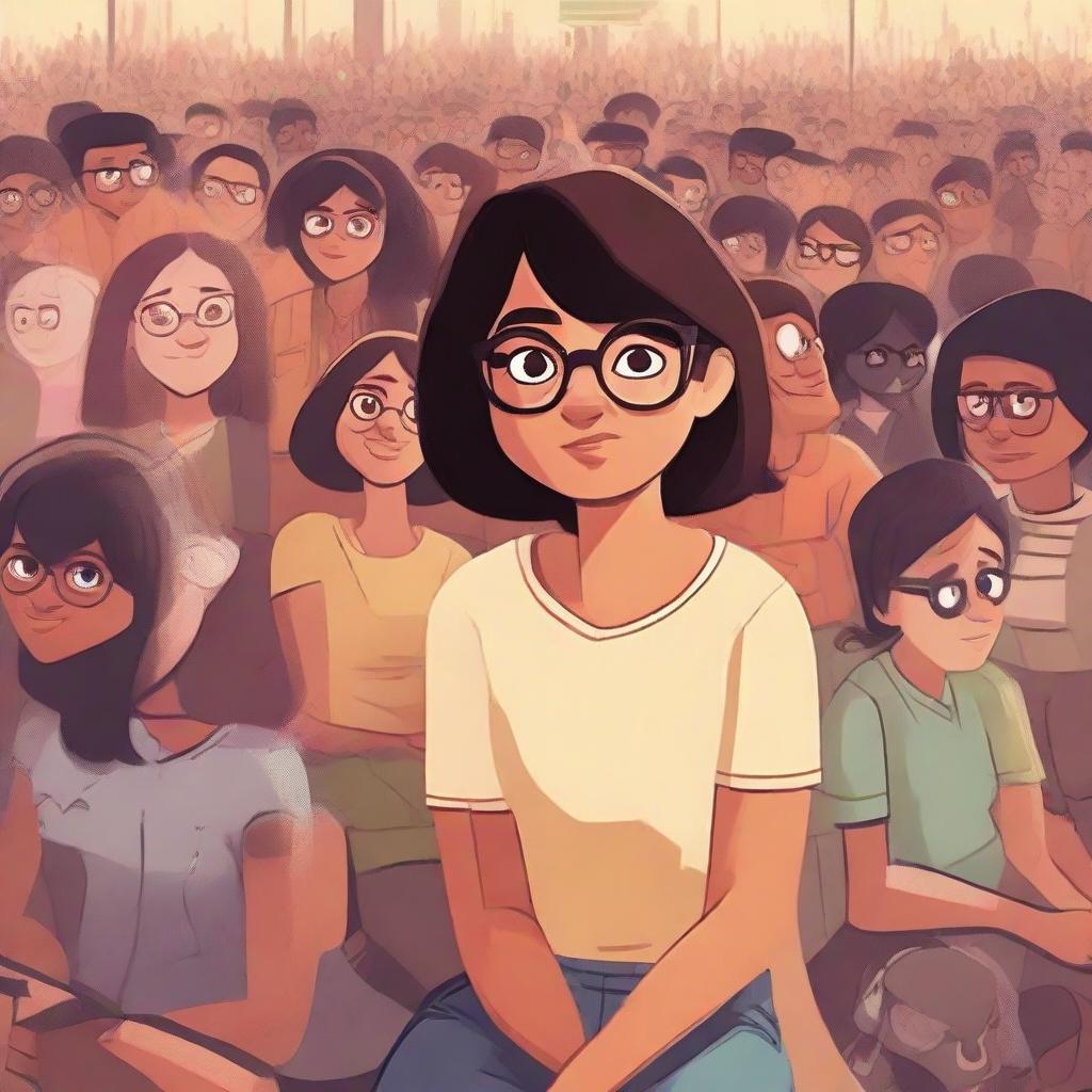 A Pixar-style illustration depicting a dusky-skinned girl with eyeglasses sitting alone amid a bustling crowd.