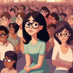 A Pixar-style illustration depicting a dusky-skinned girl with eyeglasses sitting alone amid a bustling crowd.