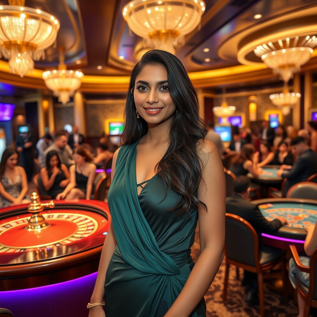 A stunning 25-year-old Indian woman standing confidently in a luxurious casino with platinum-colored gold accents