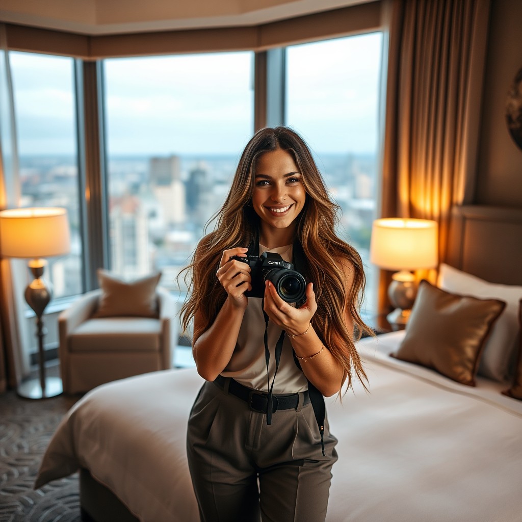 A beautiful young woman with long flowing hair, wearing a stylish outfit, is holding a camera in a cozy hotel room