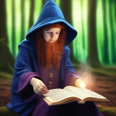 In the magical forest, the young wizard discovered a hidden book of spells.