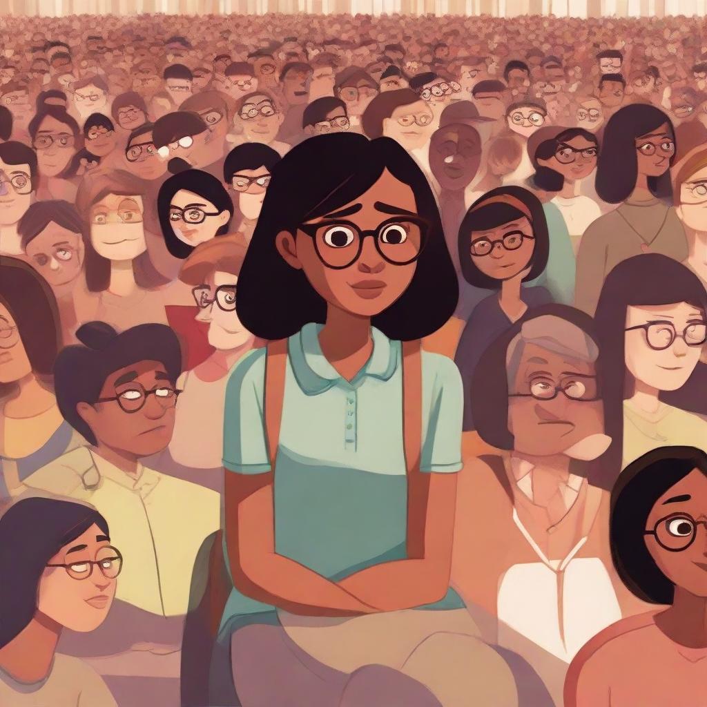 A Pixar-style illustration featuring a dusky-skinned girl with eyeglasses, sitting alone in a large, bustling crowd.