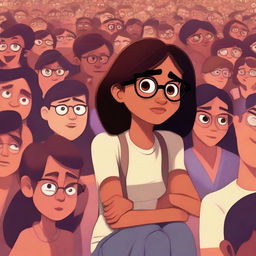 A Pixar-style illustration featuring a dusky-skinned girl with eyeglasses, sitting alone in a large, bustling crowd.