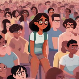 A Pixar-style illustration featuring a dusky-skinned girl with eyeglasses, sitting alone in a large, bustling crowd.