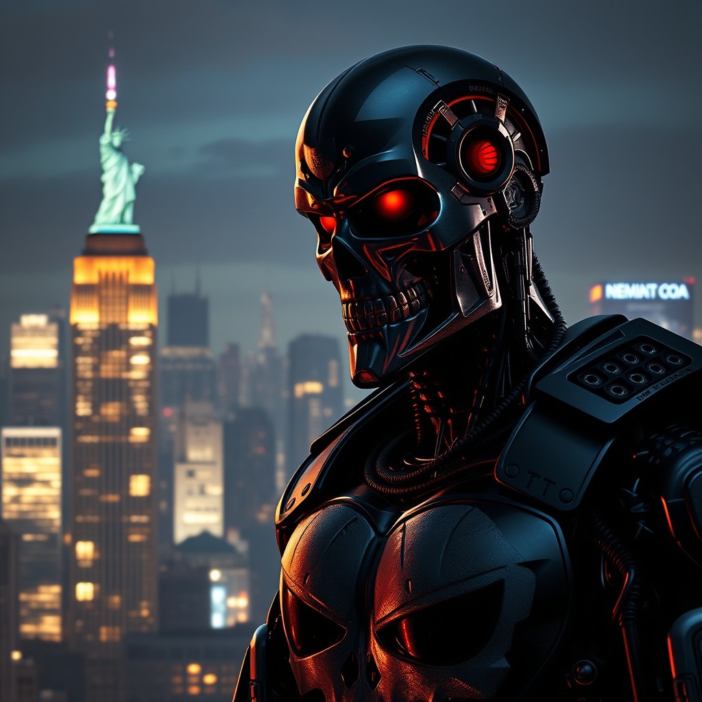 A futuristic and gritty scene featuring a fusion of the Terminator Model 800 series and Frank Castle, also known as The Punisher