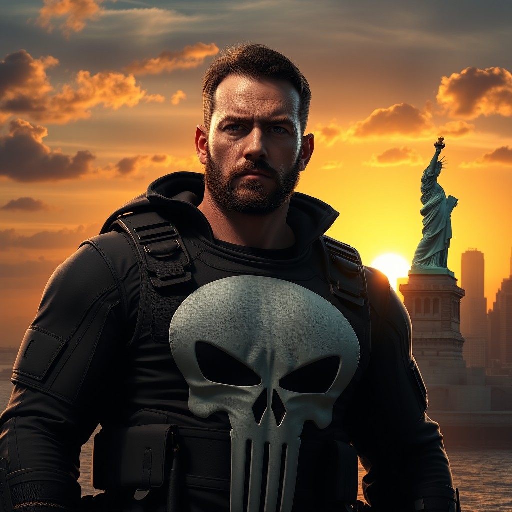 A powerful depiction of Frank Castle, famously known as the Punisher, standing in front of the Statue of Liberty in New York City