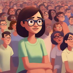 A Pixar-style illustration featuring a dusky-skinned girl with eyeglasses, sitting alone in a large, bustling crowd.