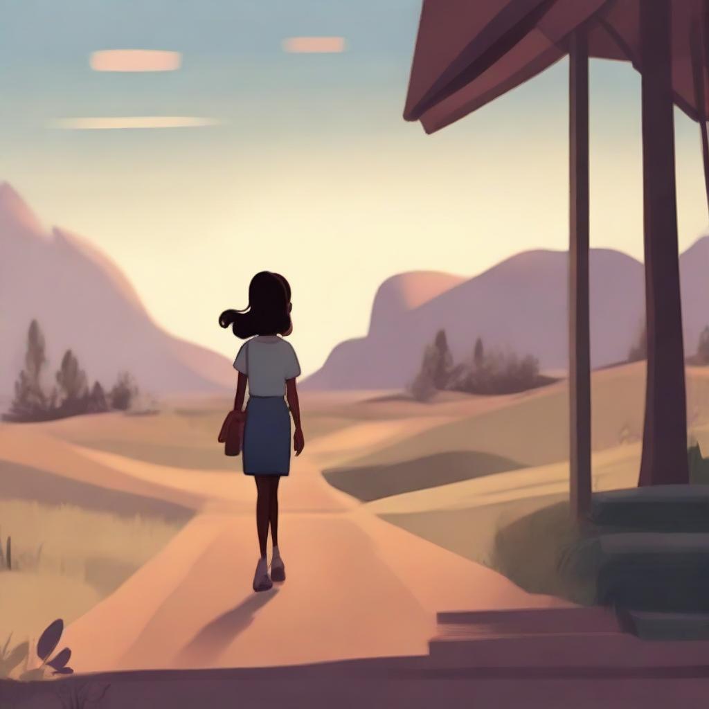 A Pixar-style illustration of a dusky-skinned girl with eyeglasses, walking alone in a serene setting.