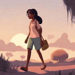 A Pixar-style illustration of a dusky-skinned girl with eyeglasses, walking alone in a serene setting.