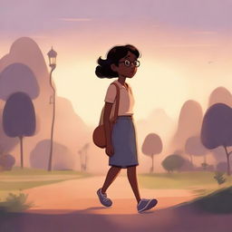 A Pixar-style illustration of a dusky-skinned girl with eyeglasses, walking alone in a serene setting.