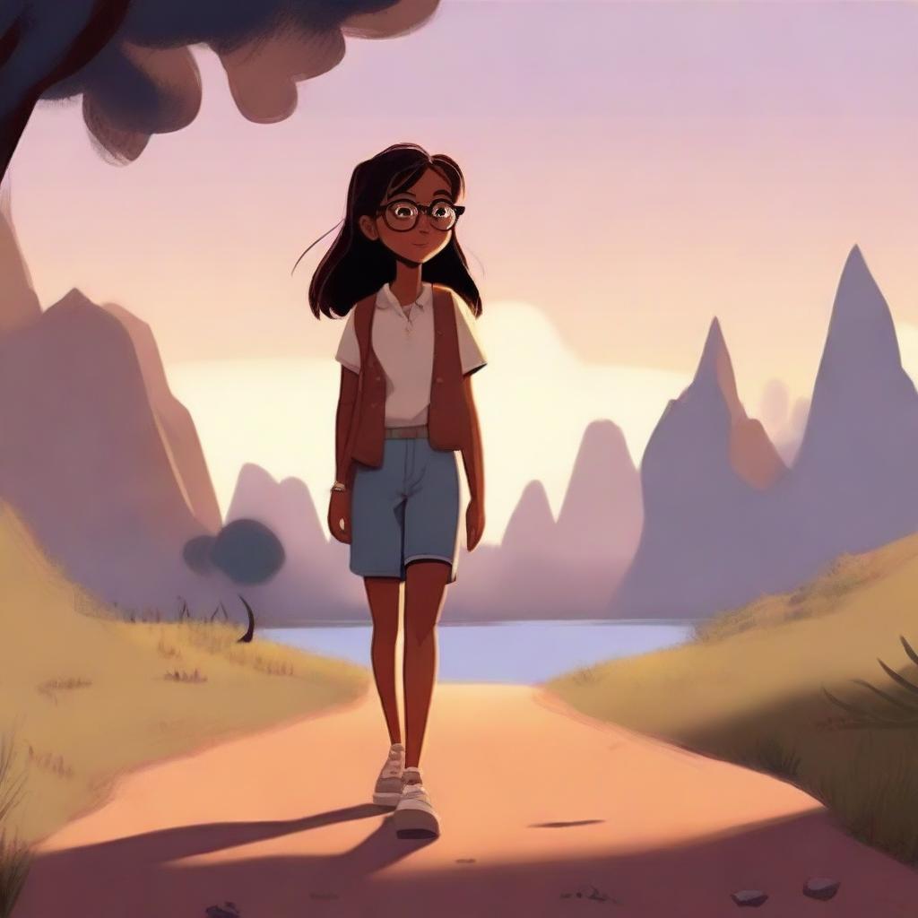 A Pixar-style illustration of a dusky-skinned girl with eyeglasses, walking alone in a serene setting.