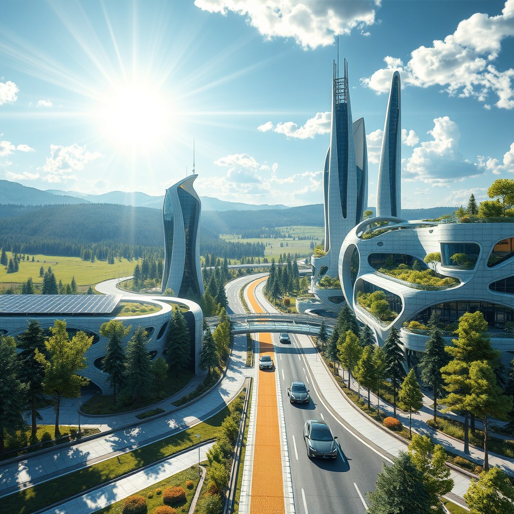 A futuristic city design set against a backdrop of Siberian fields and forests, featuring advanced future buildings with renewable energy sources like solar panels