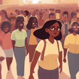 A Pixar-style illustration of a dusky-skinned girl with eyeglasses, walking alone in a lively crowd.