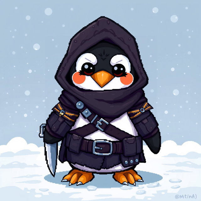 A pixel art style penguin dressed as a rogue from World of Warcraft, wearing dark leather armor with intricate details, a hood that partially covers its face, and utility belts filled with gadgets