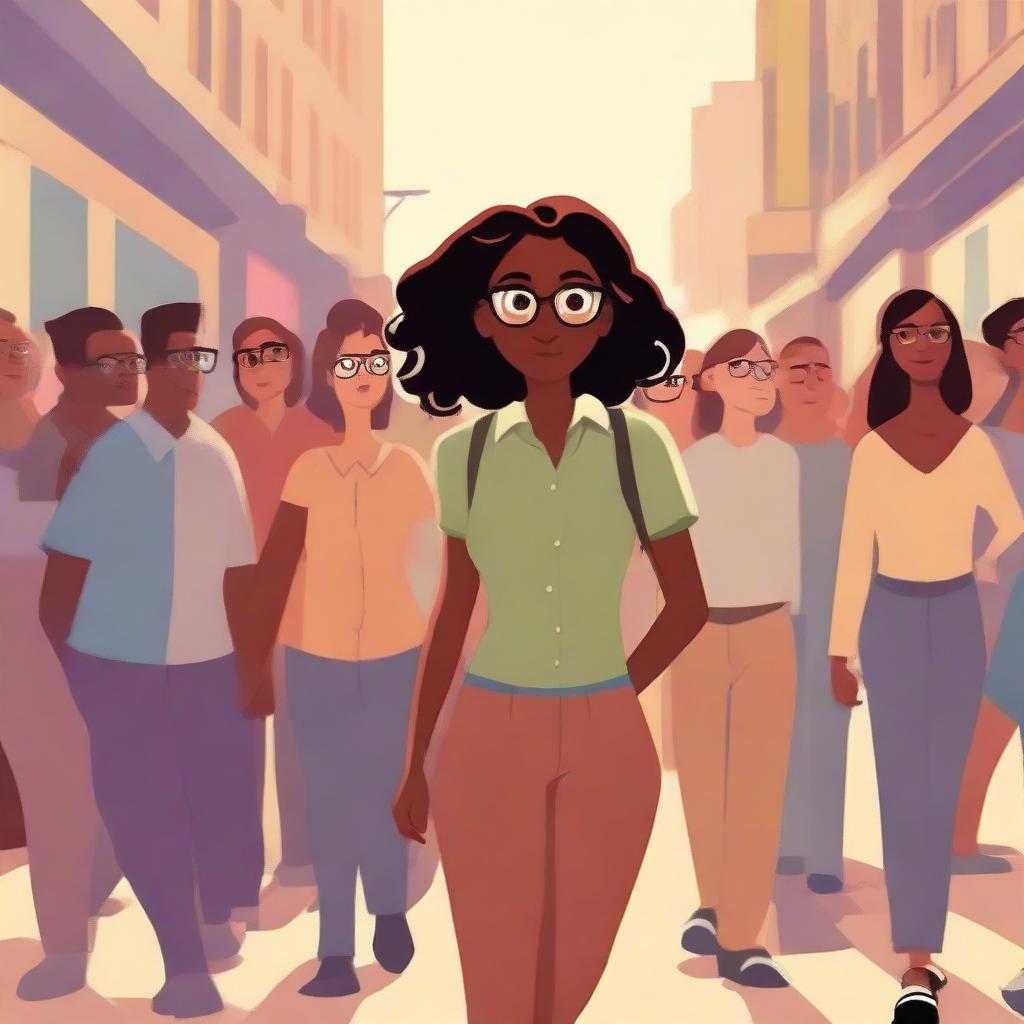 A Pixar-style illustration of a dusky-skinned girl with eyeglasses, walking alone in a lively crowd.