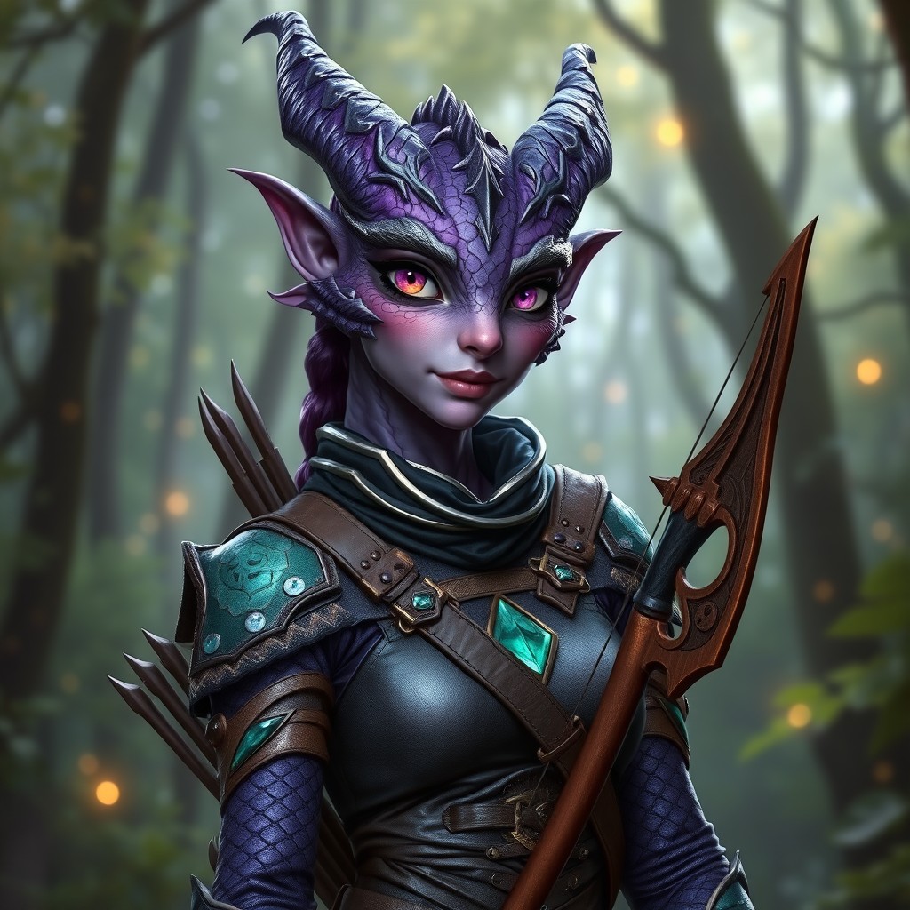 A changeling, able to shapeshift, disguised as a female Amethyst Dragonborn ranger