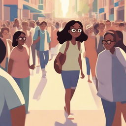 A Pixar-style illustration of a dusky-skinned girl with eyeglasses, walking alone in a lively crowd.