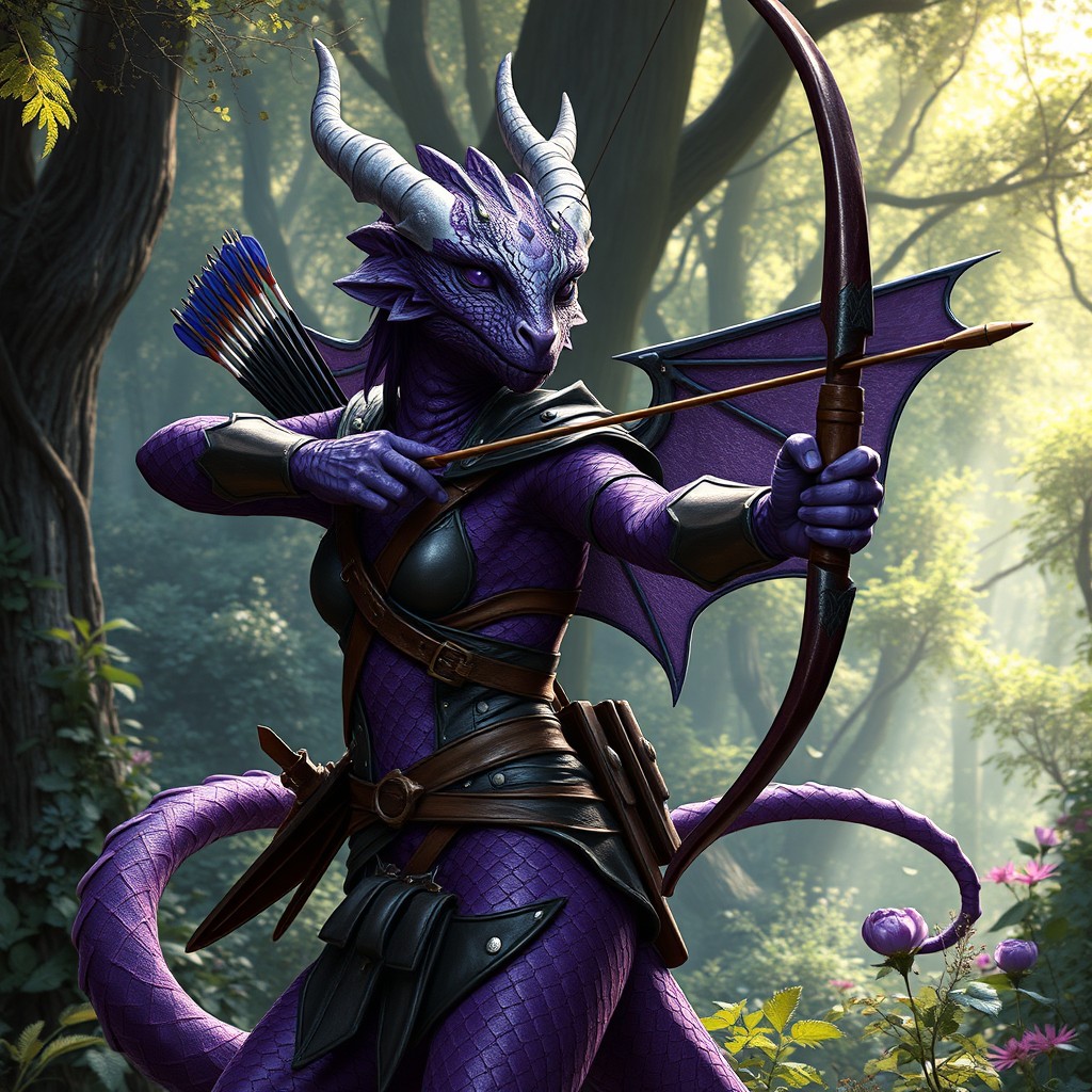 A female Amethyst Dragonborn ranger depicted in a dynamic pose, showcasing her impressive figure in fitted leather armor that enhances her agility and stealth