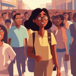 A Pixar-style illustration of a dusky-skinned girl with eyeglasses, walking alone in a lively crowd.