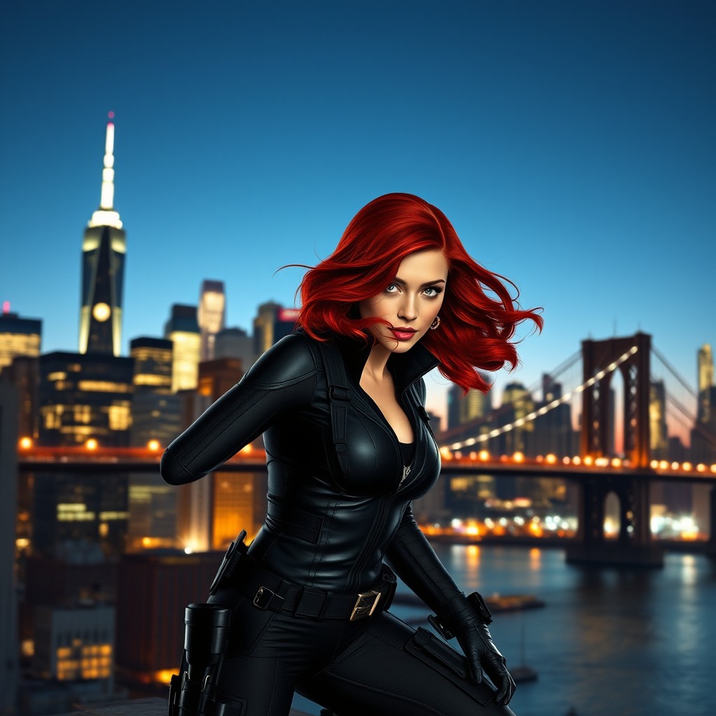 Black Widow in a dynamic pose, set against the iconic skyline of New York City at twilight