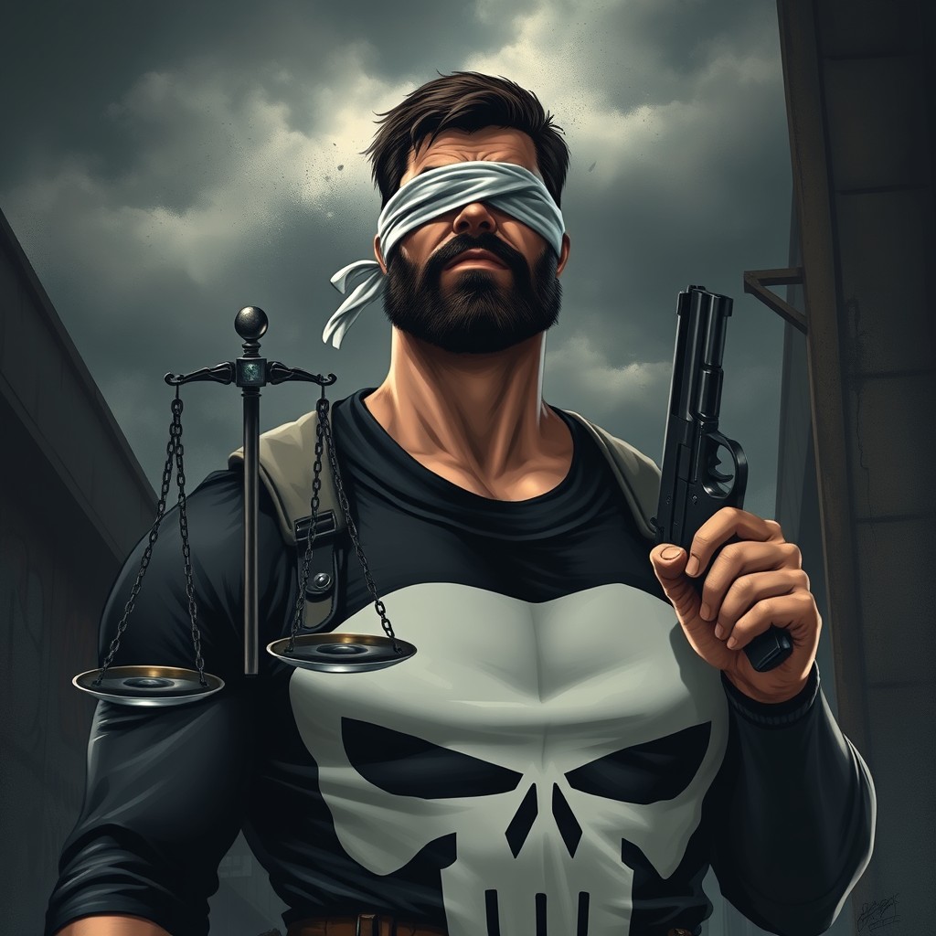 Frank Castle, also known as the Punisher, standing tall with a fierce expression