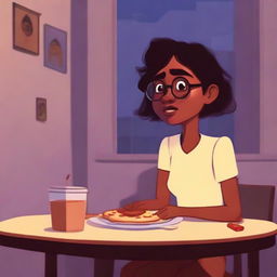 A Pixar-style illustration of a dusky-skinned girl with eyeglasses, eating alone in a quiet setting.