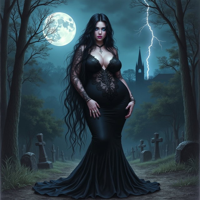 A full-length head-to-toe pencil drawing in the style of Luis Royo, featuring an extraordinarily beautiful and attractive gothic girl with a thin face and an ultra-curvy, voluptuous, bottom-heavy figure