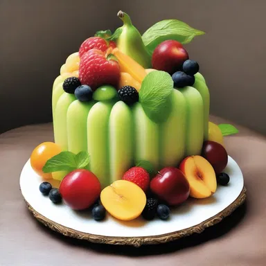 The artist included a beautifully sculpted fruit arrangement as the entremets in the painting.